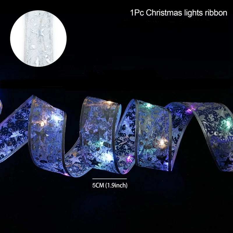 Christmas Ribbon Fairy Light String Merry Christmas Decorations For Home 2024 Cristmas Ornament Xmas Navidad Gifts New Year 2025