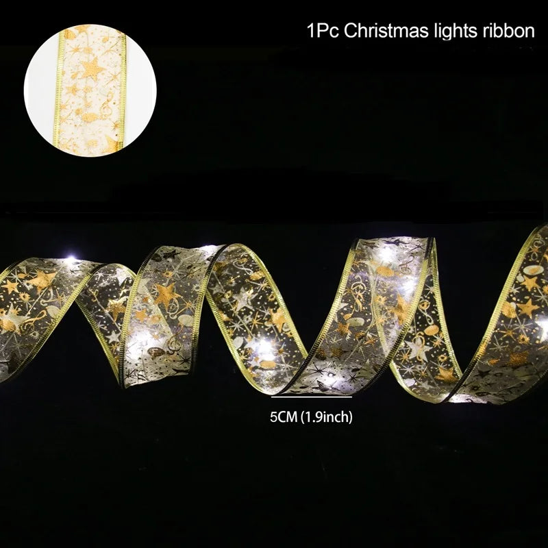 Christmas Ribbon Fairy Light String Merry Christmas Decorations For Home 2024 Cristmas Ornament Xmas Navidad Gifts New Year 2025