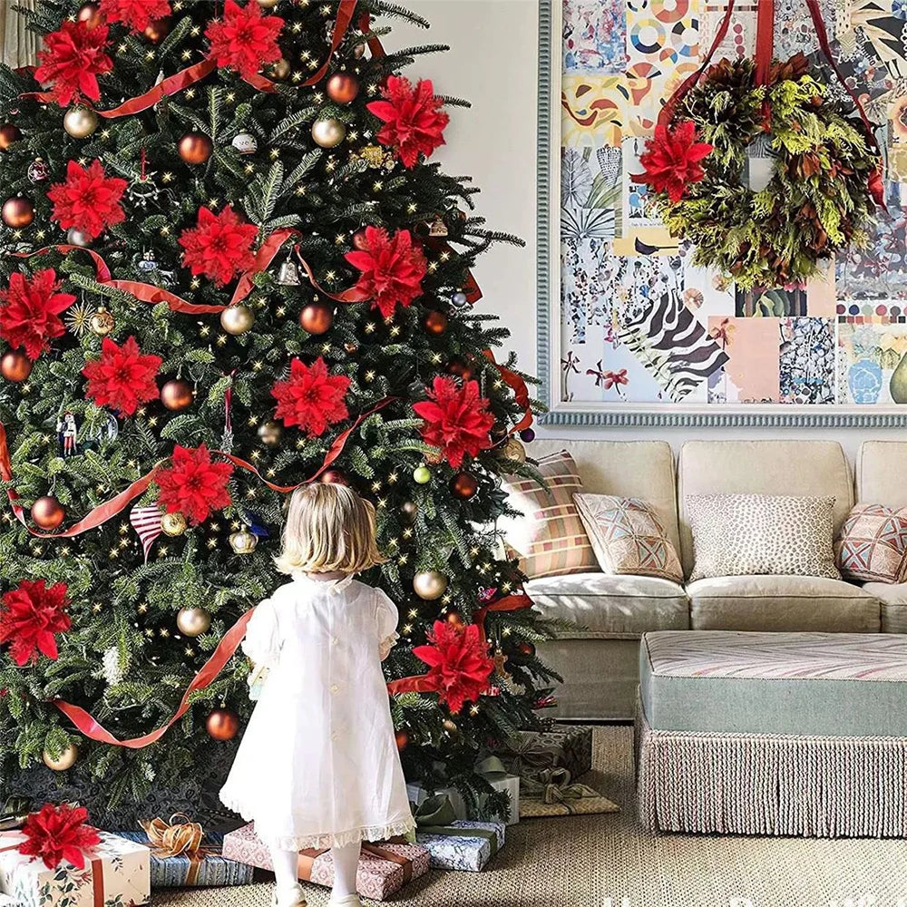 Glitter Artificial Flowers for Christmas Tree, Christmas Ornaments,Pink,Red,Gold, Xmas Decoration for Home, 14.5cm