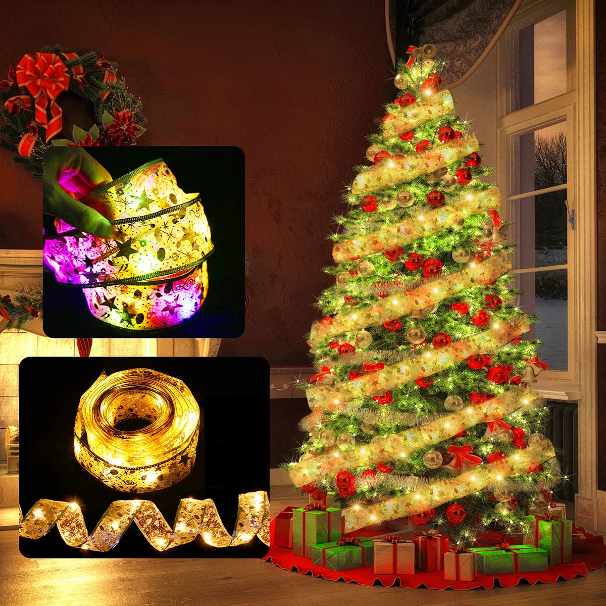 Christmas Ribbon Fairy Light String Merry Christmas Decorations For Home 2024 Cristmas Ornament Xmas Navidad Gifts New Year 2025