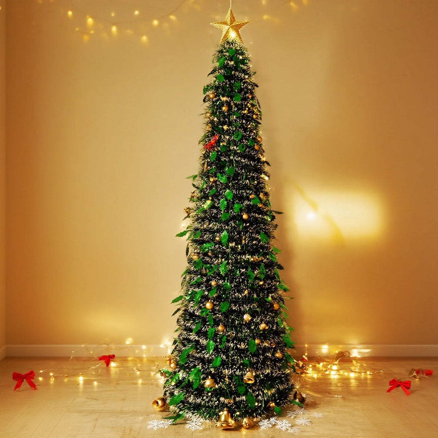 1.5m Scalable Christmas Tree With Green Leaves, Foldable Woolen Strips, Tree, Spiral Tree, Christmas Decorative Ornaments