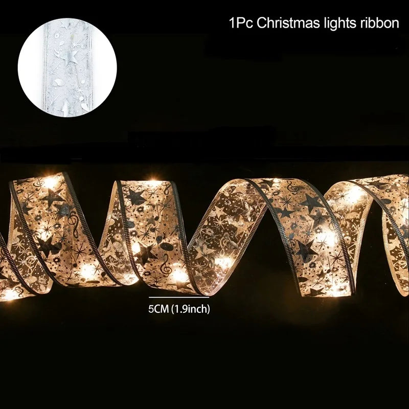Christmas Ribbon Fairy Light String Merry Christmas Decorations For Home 2024 Cristmas Ornament Xmas Navidad Gifts New Year 2025