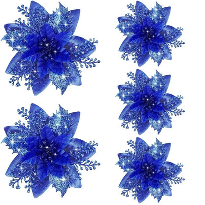 5pcs 14.5cm Glitter Artifical Christmas Flowers Mreey Christmas Tree Decoration Happy New Year Ornaments Xmas Fake Flowers natal