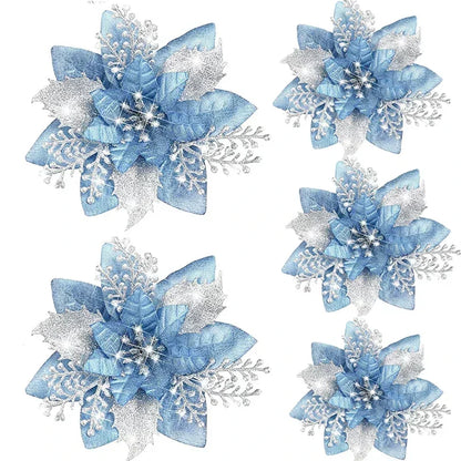 5pcs 14.5cm Glitter Artifical Christmas Flowers Mreey Christmas Tree Decoration Happy New Year Ornaments Xmas Fake Flowers natal