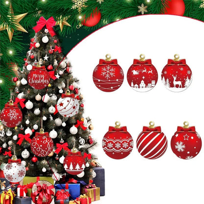 12pcs/setRed and white wooden Christmas ball ornament，Elk Snowflake Pattern Christmas Party Hanging Decoration Supplies Winter F
