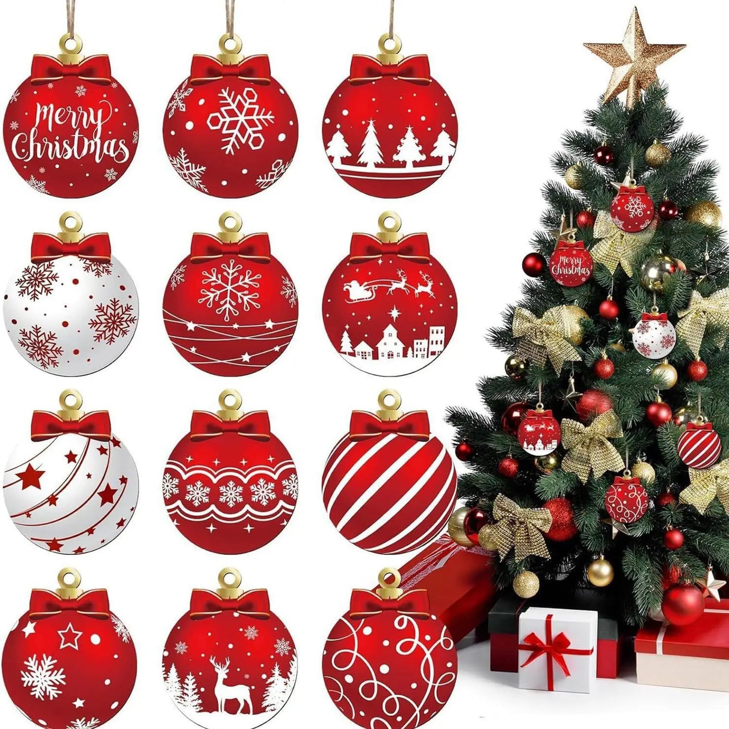12pcs/setRed and white wooden Christmas ball ornament，Elk Snowflake Pattern Christmas Party Hanging Decoration Supplies Winter F