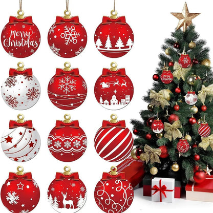 12pcs/setRed and white wooden Christmas ball ornament，Elk Snowflake Pattern Christmas Party Hanging Decoration Supplies Winter F