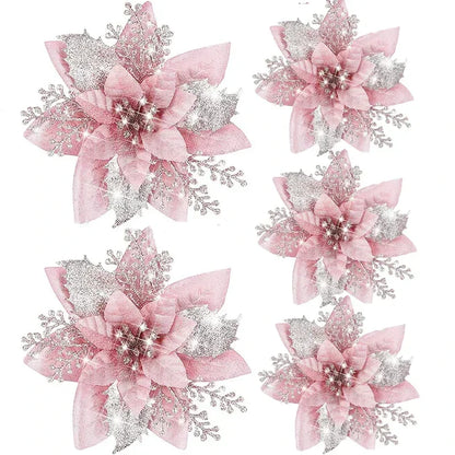 5pcs 14.5cm Glitter Artifical Christmas Flowers Mreey Christmas Tree Decoration Happy New Year Ornaments Xmas Fake Flowers natal
