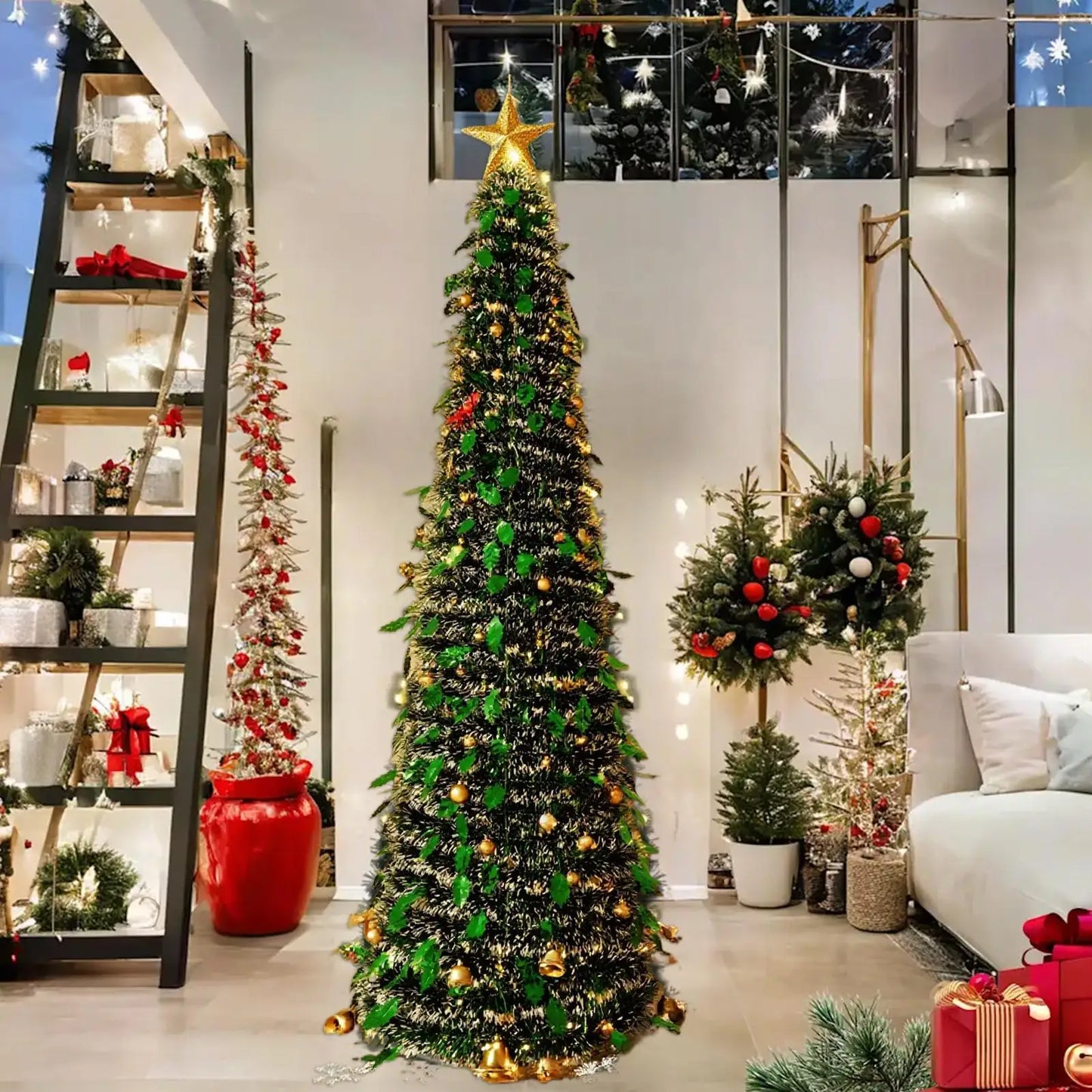 Small Christmas Tree 5 Ft Festival Ornament Foldable Fake Christmas Tree for Yard Porch Patio Kitchen Classroom Winter Holiday