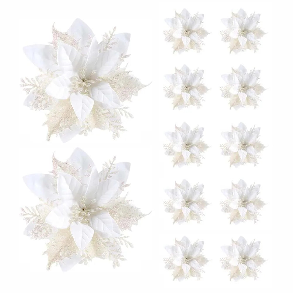 5/10pcs 14.5cm Christmas Flower Ornaments,Pink,Red,Gold,Glitter Artifical Flowers For Christmas Tree,Xmas Decoration For Home