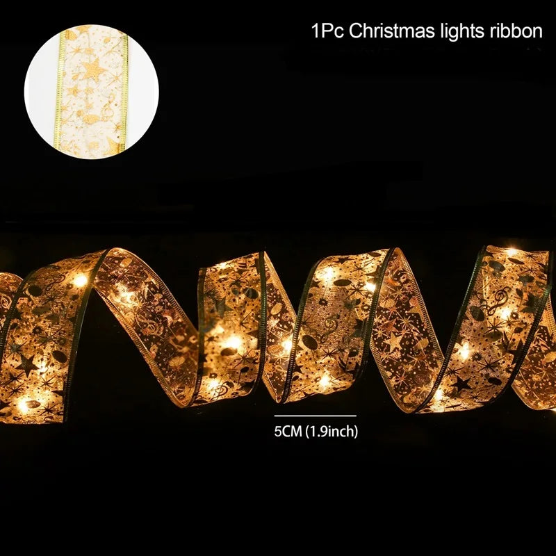 Christmas Ribbon Fairy Light String Merry Christmas Decorations For Home 2024 Cristmas Ornament Xmas Navidad Gifts New Year 2025