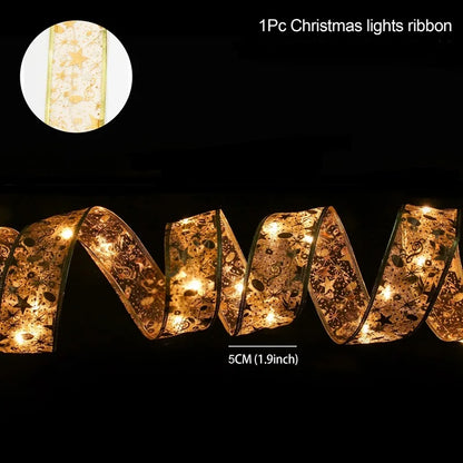 Christmas Ribbon Fairy Light String Merry Christmas Decorations For Home 2024 Cristmas Ornament Xmas Navidad Gifts New Year 2025