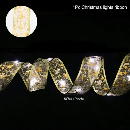 Christmas Ribbon Fairy Light String Merry Christmas Decorations For Home 2024 Cristmas Ornament Xmas Navidad Gifts New Year 2025