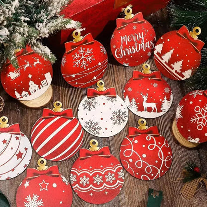 12pcs/setRed and white wooden Christmas ball ornament，Elk Snowflake Pattern Christmas Party Hanging Decoration Supplies Winter F