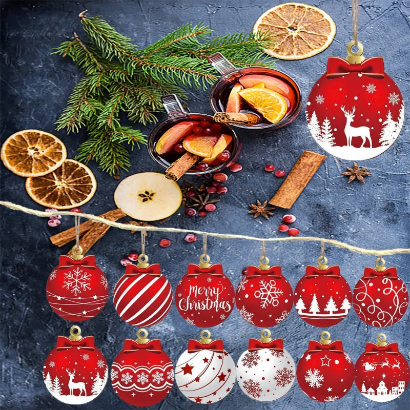 12pcs/setRed and white wooden Christmas ball ornament，Elk Snowflake Pattern Christmas Party Hanging Decoration Supplies Winter F