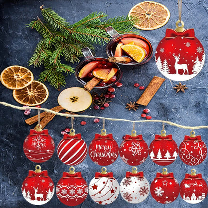 12pcs/setRed and white wooden Christmas ball ornament，Elk Snowflake Pattern Christmas Party Hanging Decoration Supplies Winter F