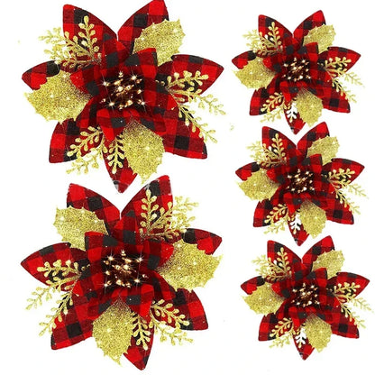 5pcs 14.5cm Glitter Artifical Christmas Flowers Mreey Christmas Tree Decoration Happy New Year Ornaments Xmas Fake Flowers natal