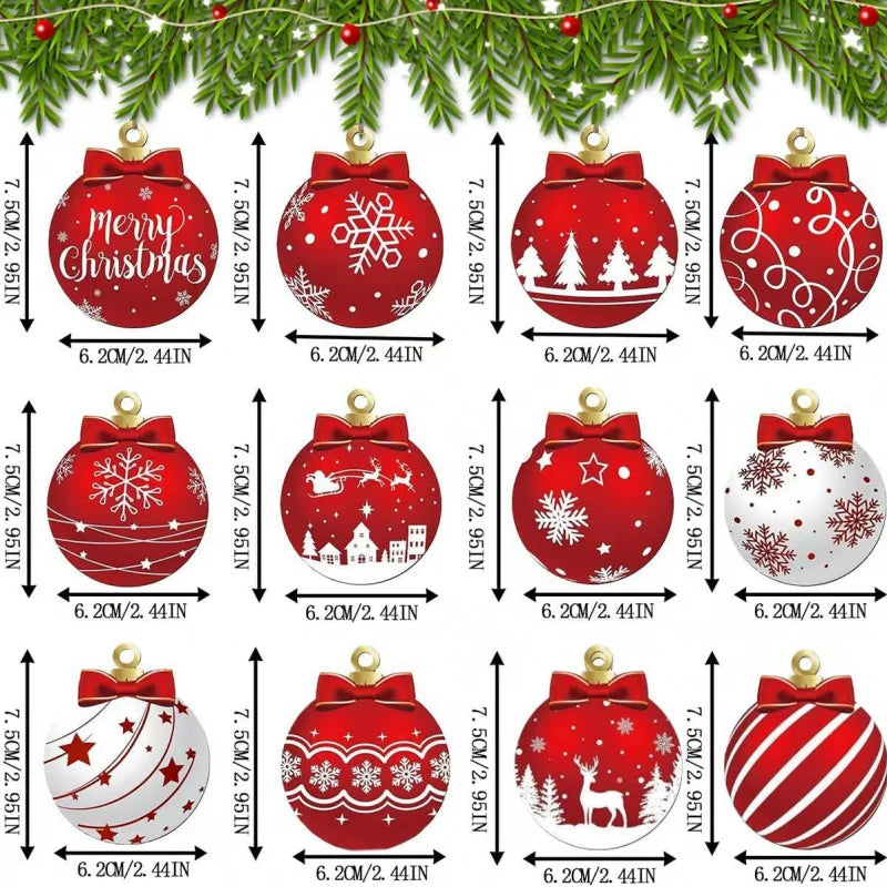 12pcs/setRed and white wooden Christmas ball ornament，Elk Snowflake Pattern Christmas Party Hanging Decoration Supplies Winter F