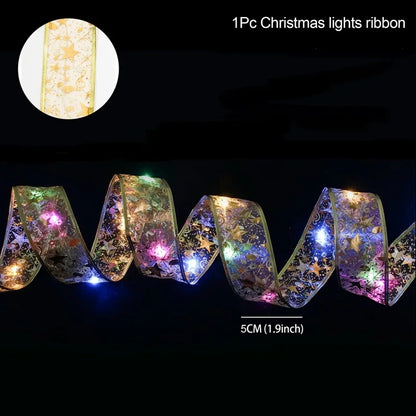 Christmas Ribbon Fairy Light String Merry Christmas Decorations For Home 2024 Cristmas Ornament Xmas Navidad Gifts New Year 2025