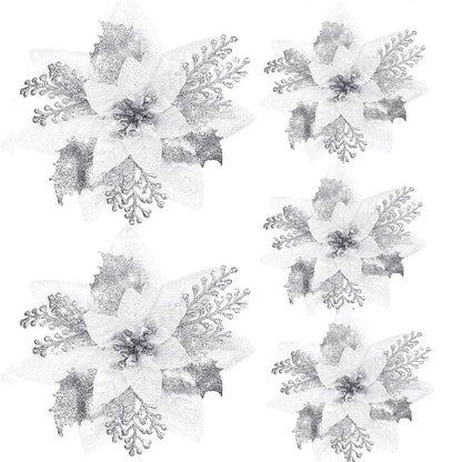 5pcs 14.5cm Glitter Artifical Christmas Flowers Mreey Christmas Tree Decoration Happy New Year Ornaments Xmas Fake Flowers natal