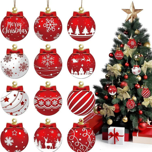 12pcs/setRed and white wooden Christmas ball ornament，Elk Snowflake Pattern Christmas Party Hanging Decoration Supplies Winter F