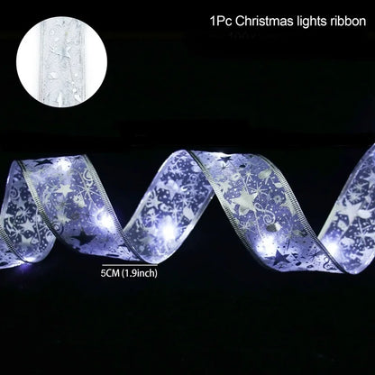 Christmas Ribbon Fairy Light String Merry Christmas Decorations For Home 2024 Cristmas Ornament Xmas Navidad Gifts New Year 2025