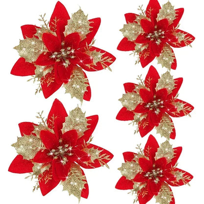 5pcs 14.5cm Glitter Artifical Christmas Flowers Mreey Christmas Tree Decoration Happy New Year Ornaments Xmas Fake Flowers natal